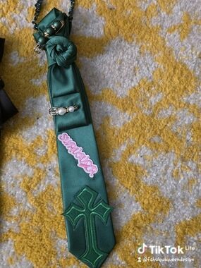 Green Embroidered Cross Ribbon Necklace with Pearl Accent